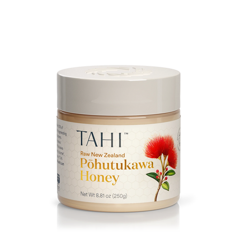 delicious high quality tahi pohutukawa honey fron new zealand with a creamy white texture and a nice red pohutukawa flower on the label 250gr. 8.8oz