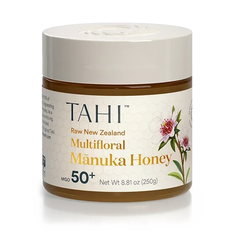 A 250gr. jar of delicious Tahi Multifloral Manuka Honey from New Zealand certified MGO 50+